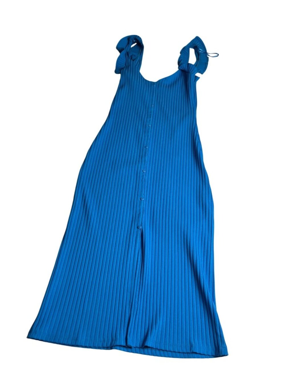 Zara Blue Ribbed Midi Dress Ruffle Strap Button Front Bodycon Size S